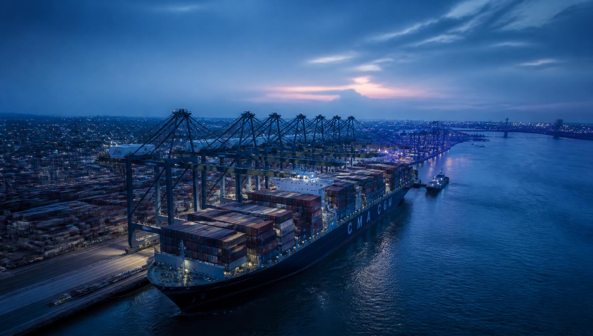 Container vessel loading at an international deep-water port at dusk
