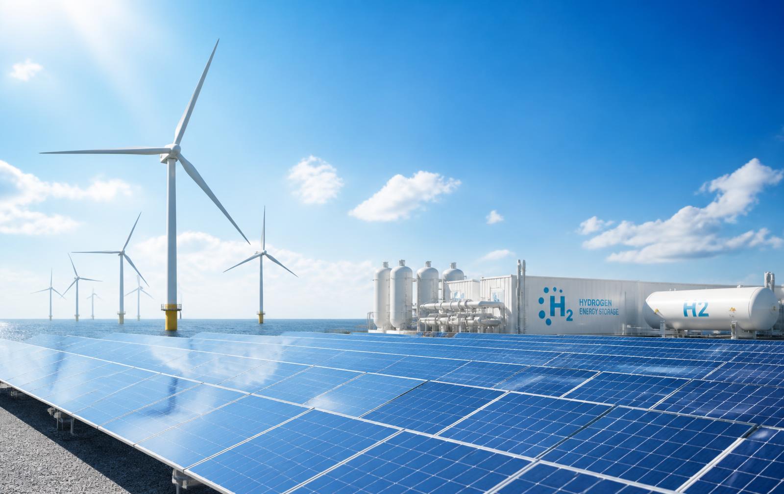 Wind turbines and solar panels alongside hydrogen storage infrastructure